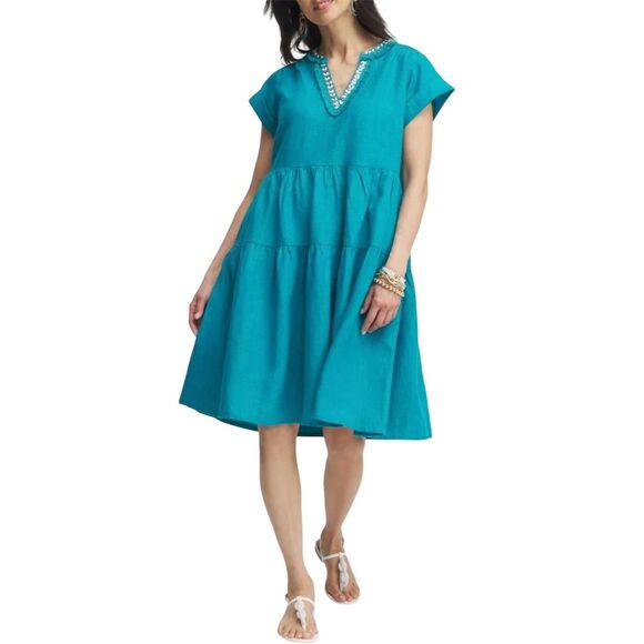 Chico's Embellished V-Neck Linen Tiered Dress 16 Layered Boho Spring Summer - Picture 1 of 14